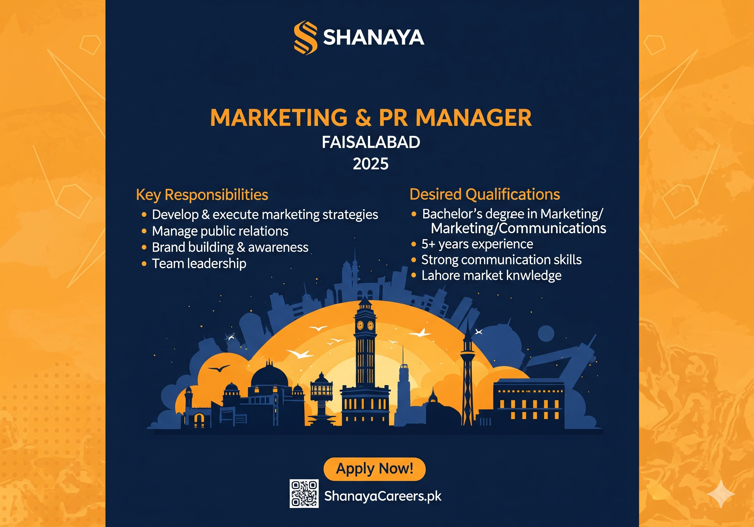 "Job poster for Marketing & PR Manager at Shanaya in Faisalabad, 2025. Features a cityscape silhouette and lists key responsibilities and qualifications."